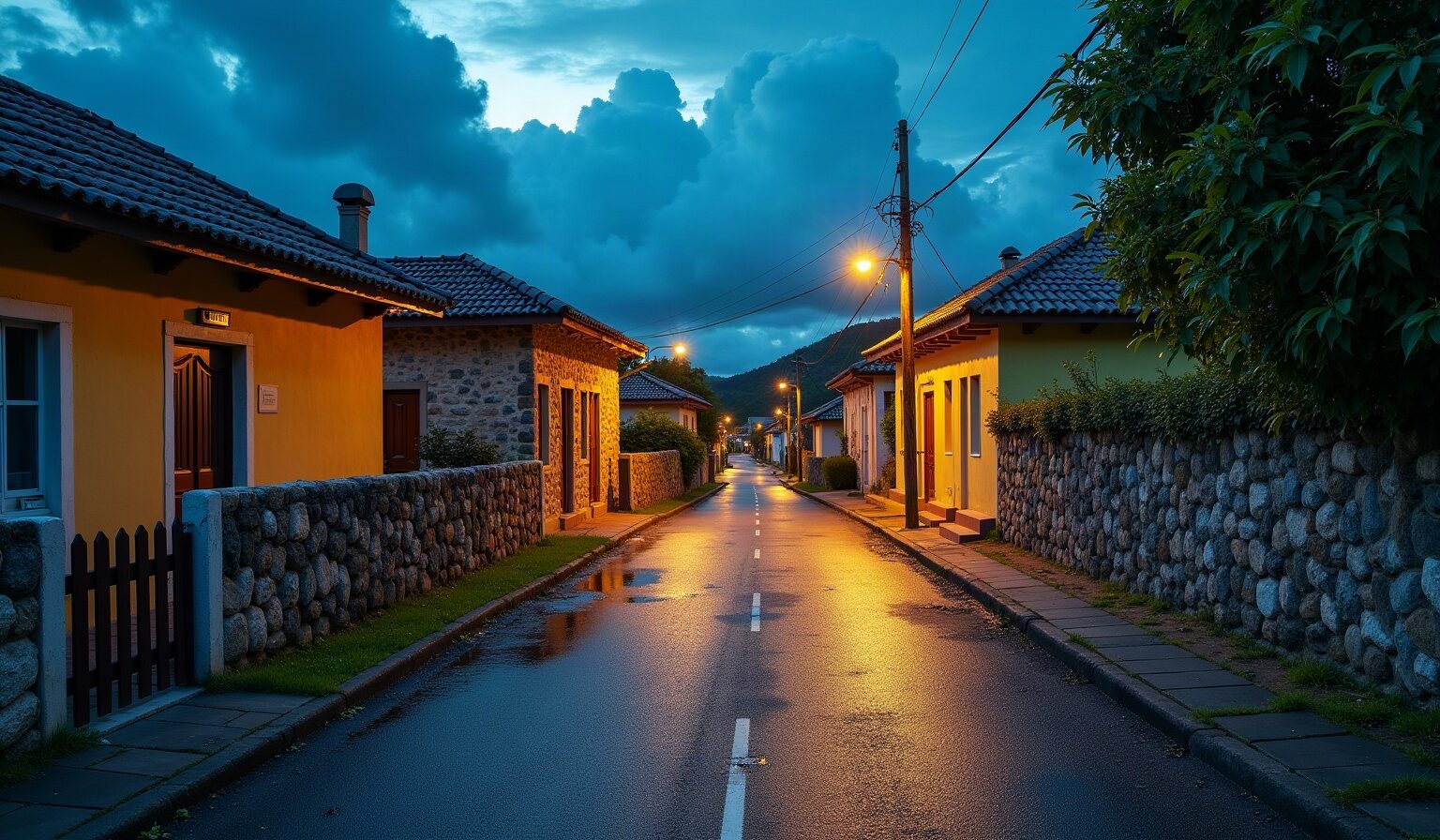 Une ruelle bétonnée en pente entre maisons et jardins
