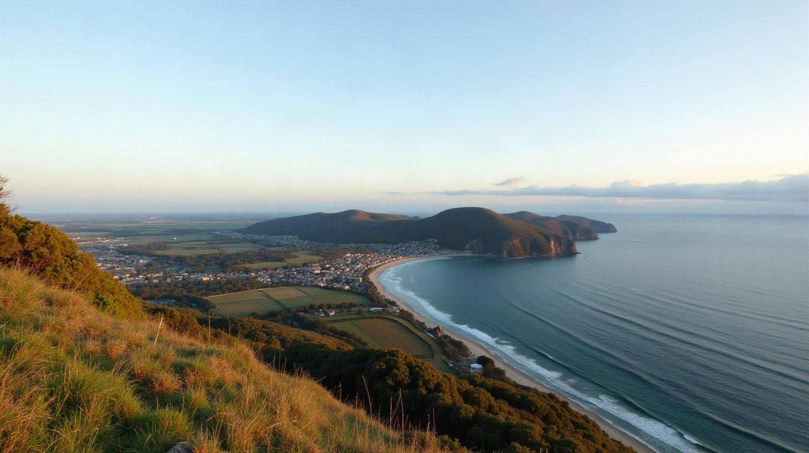 Vue depuis une hauteur boisée sur une baie et un bourg