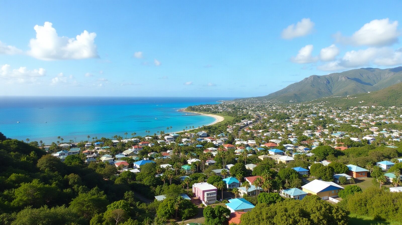 Vue plongeante sur les toits d'un bourg côtier antillais, la mer des Caraïbes et un massif volcanique boisé à l'arrière-plan
