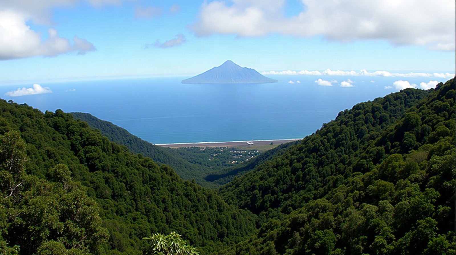 Crête volcanique couverte de forêt tropicale humide avec des nuages accrochés aux sommets et la mer au loin